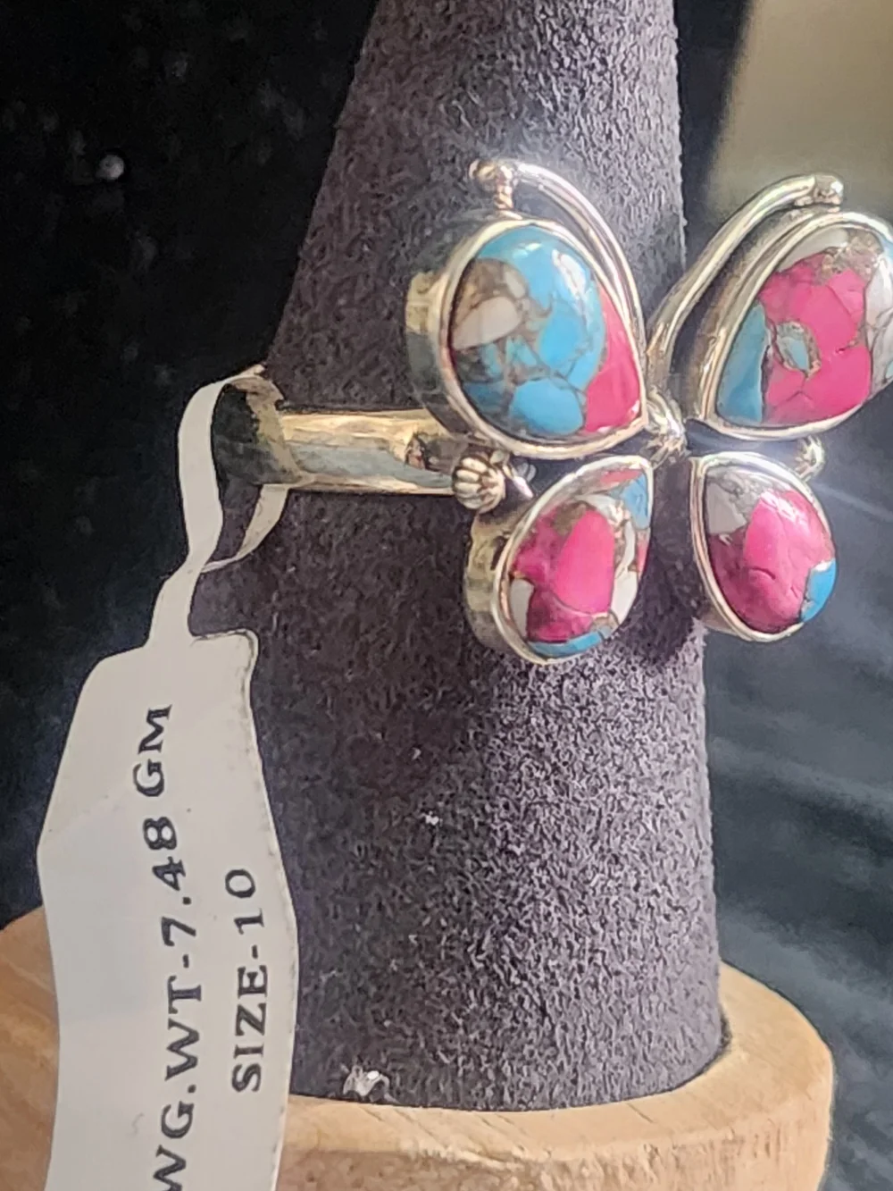 Vintage Southwestern Sterling Silver Cotton Candy Turquoise Butterfly Ring Sz 10
